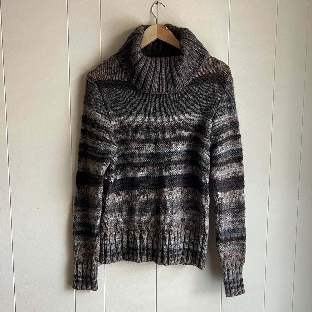 Anthropologie Elsamanda Knit Boho Wool Alpaca Cowl Neck Grey Brown Sweater Sz L
